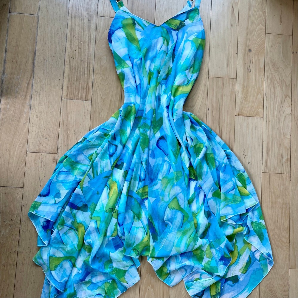Y2K Nina Leonard Artistic Blue Green Abstract Mermaidcore Flowy Chiffon Dress -L